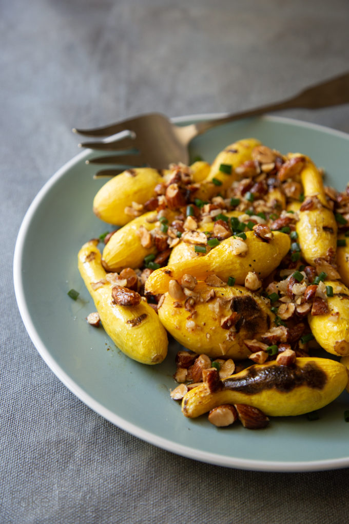 Grilled Baby Yellow Squash with Smoked Almond and Garlic Crumble | Fake ...
